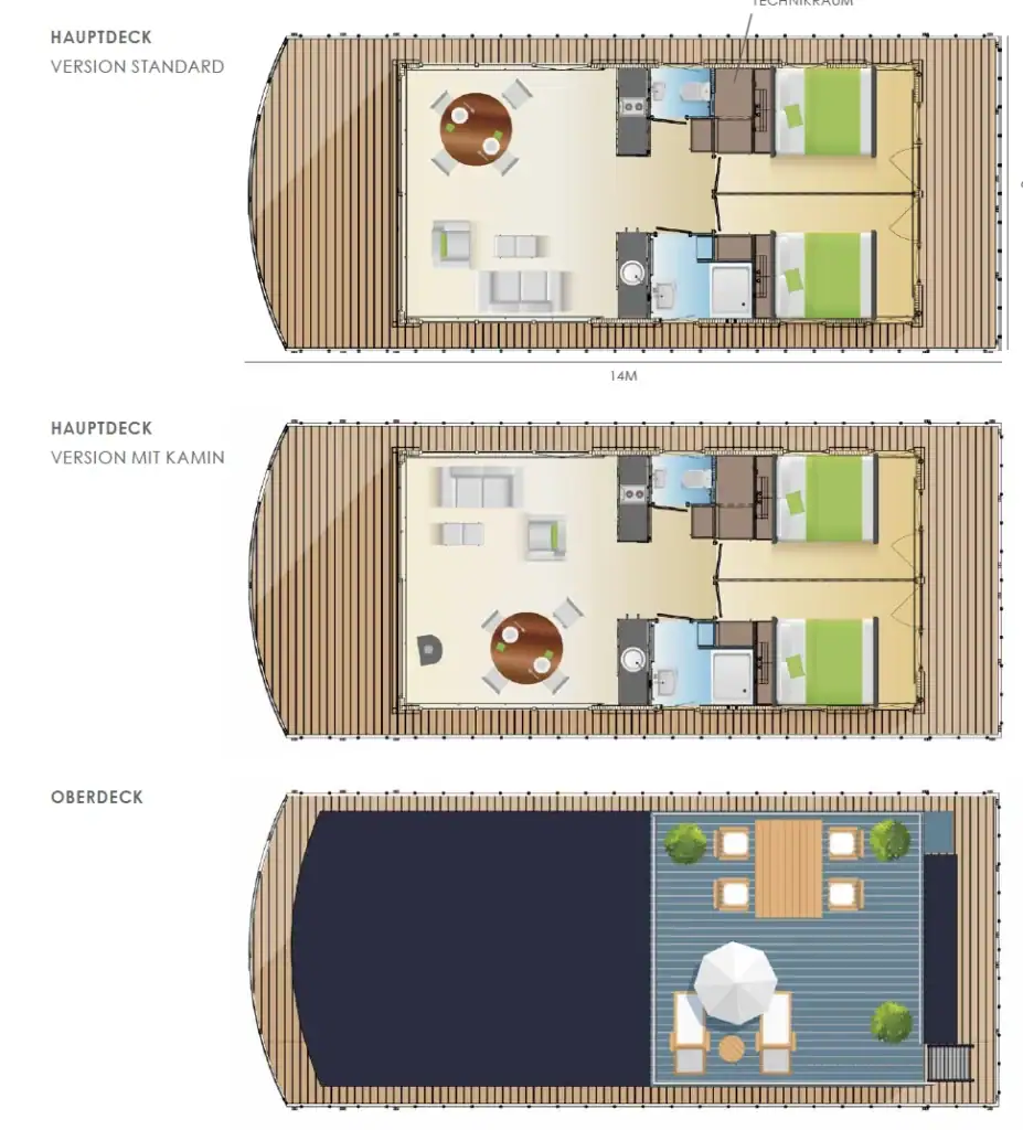 Hauptdeck mit Schlafzimmern und Wohnbereich.