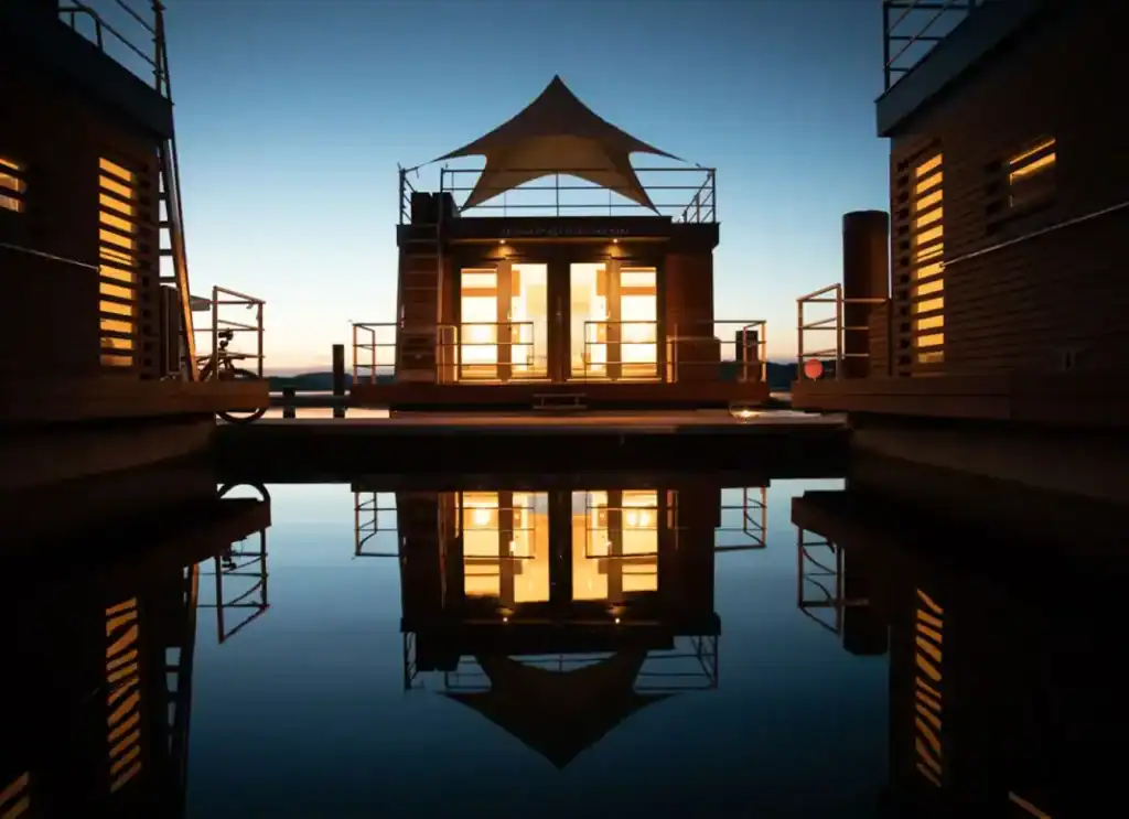Moderne Eco Lodges am Wasser mit Sonnenuntergang, ideal für nachhaltigen Urlaub.