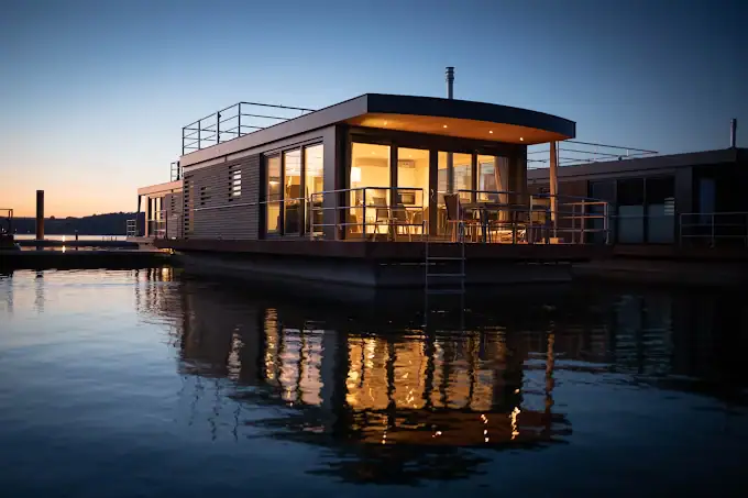 Wasser-Lodge auf dem Wasser mit großen Fenstern und Terrasse bei Sonnenuntergang.
