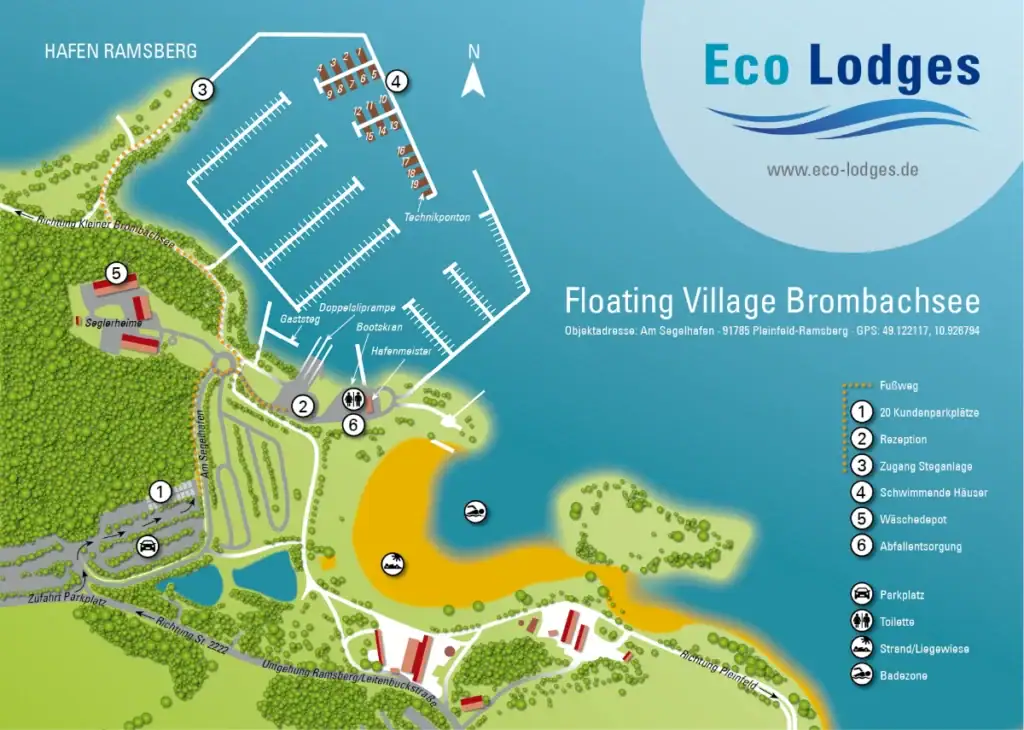 Eco Lodges, Karte mit Lage und Einrichtungen am Brombacher See.