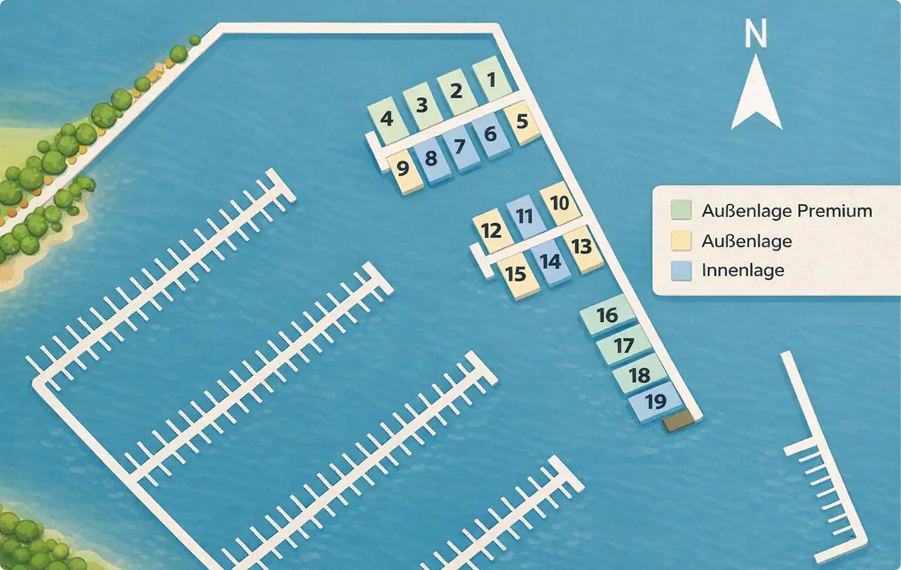 Lageplan der Eco Lodges auf dem Wasser mit nummerierten Unterkünften.